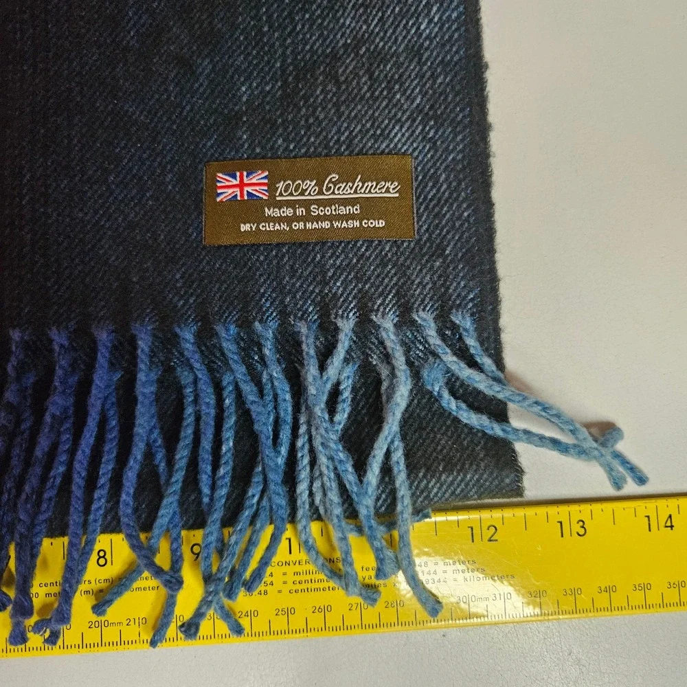 Made in Scotland 100% Cashmere Scarf Navy Blue Ombre Fringe Gradient Unisex
